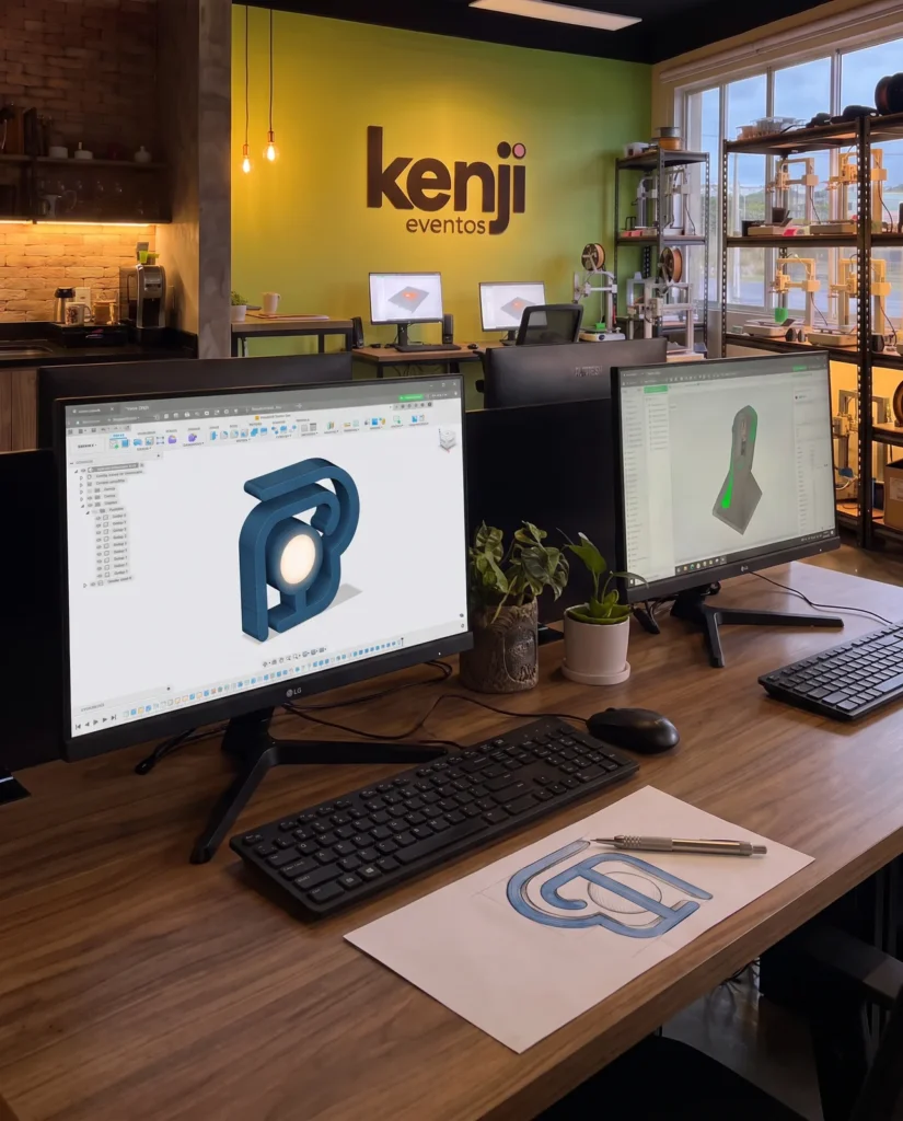 Bancada do estudio com dois monitores exibindo o projeto 3D e um esboco em papel