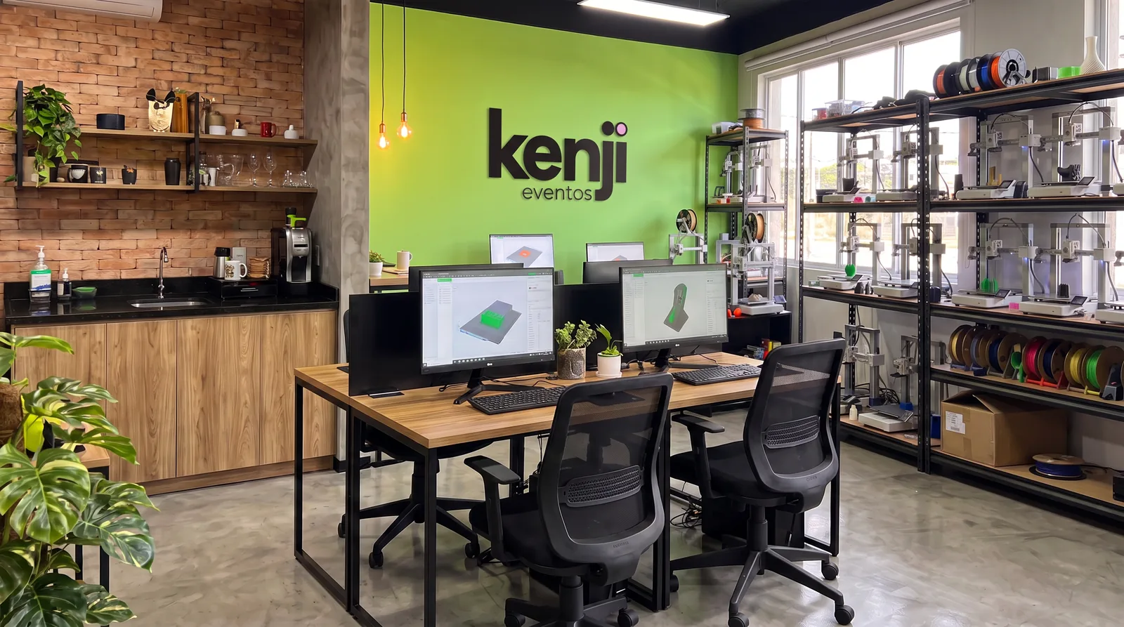 Bancada do estudio da Kenji Eventos com pecas impressas em 3D