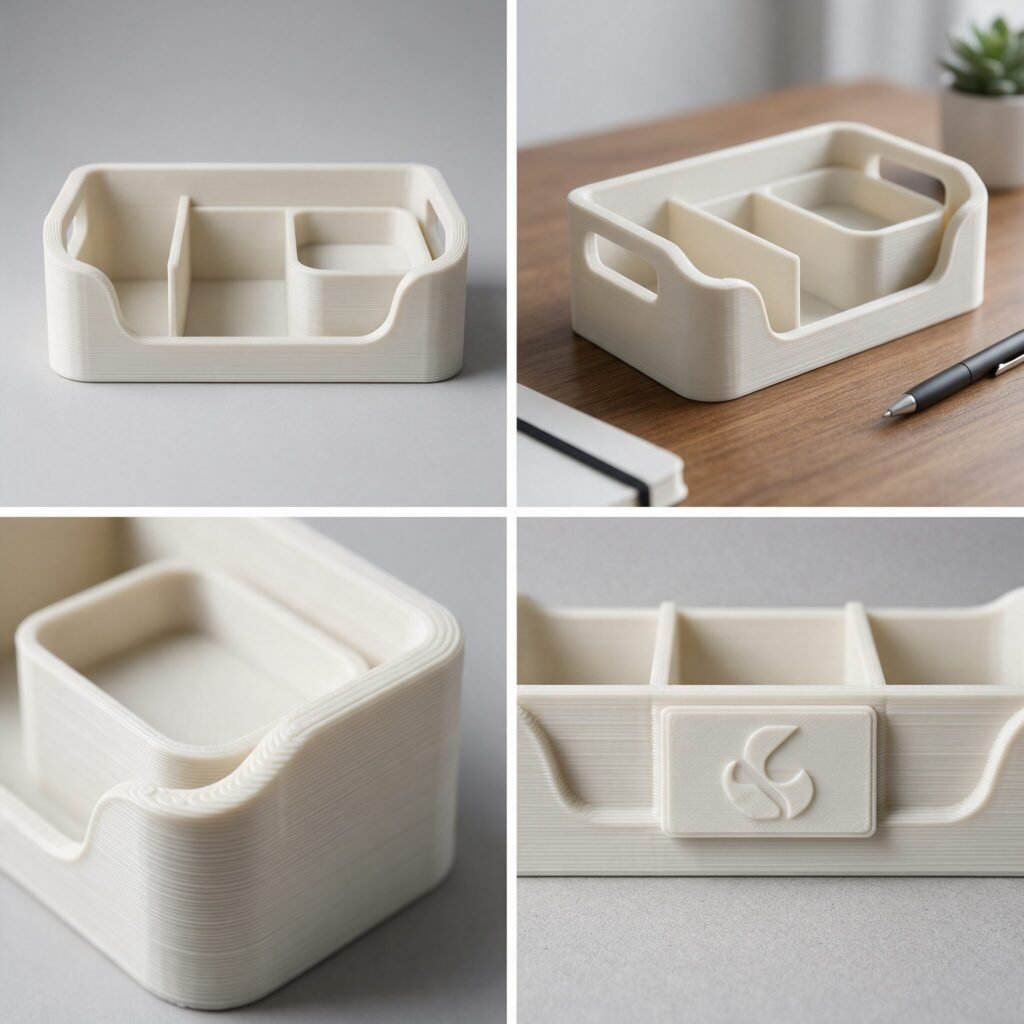 Organizador de mesa personalizado impresso em 3D para brinde corporativo, vistas de referencia do produto