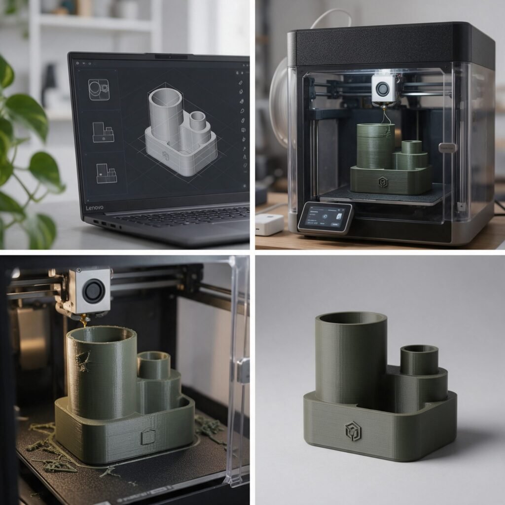 Processo de producao de brinde personalizado sob medida, do modelo 3D a peca finalizada