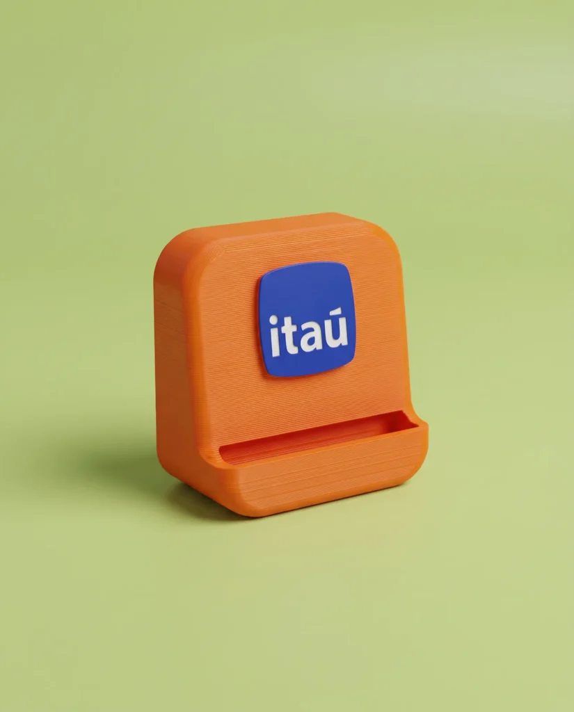 Porta-cartões laranja com a marca Itaú, impresso em 3D