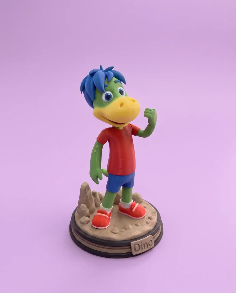 Estatueta colorida do personagem Dino sobre base, impressa em 3D