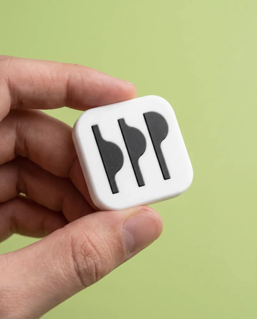 Pin branco com o símbolo da marca em preto, impresso em 3D