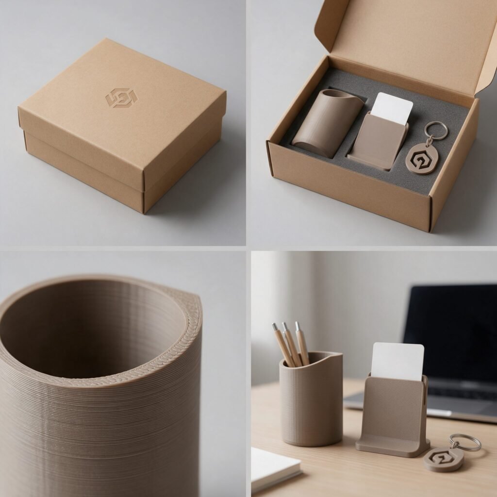 Kit de boas-vindas corporativo com itens personalizados impressos em 3D