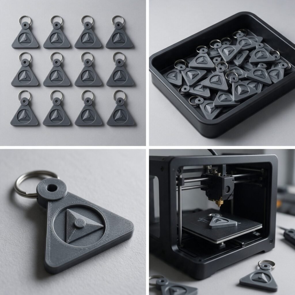 Pequeno lote de brindes personalizados impressos em 3D, producao de 50 pecas